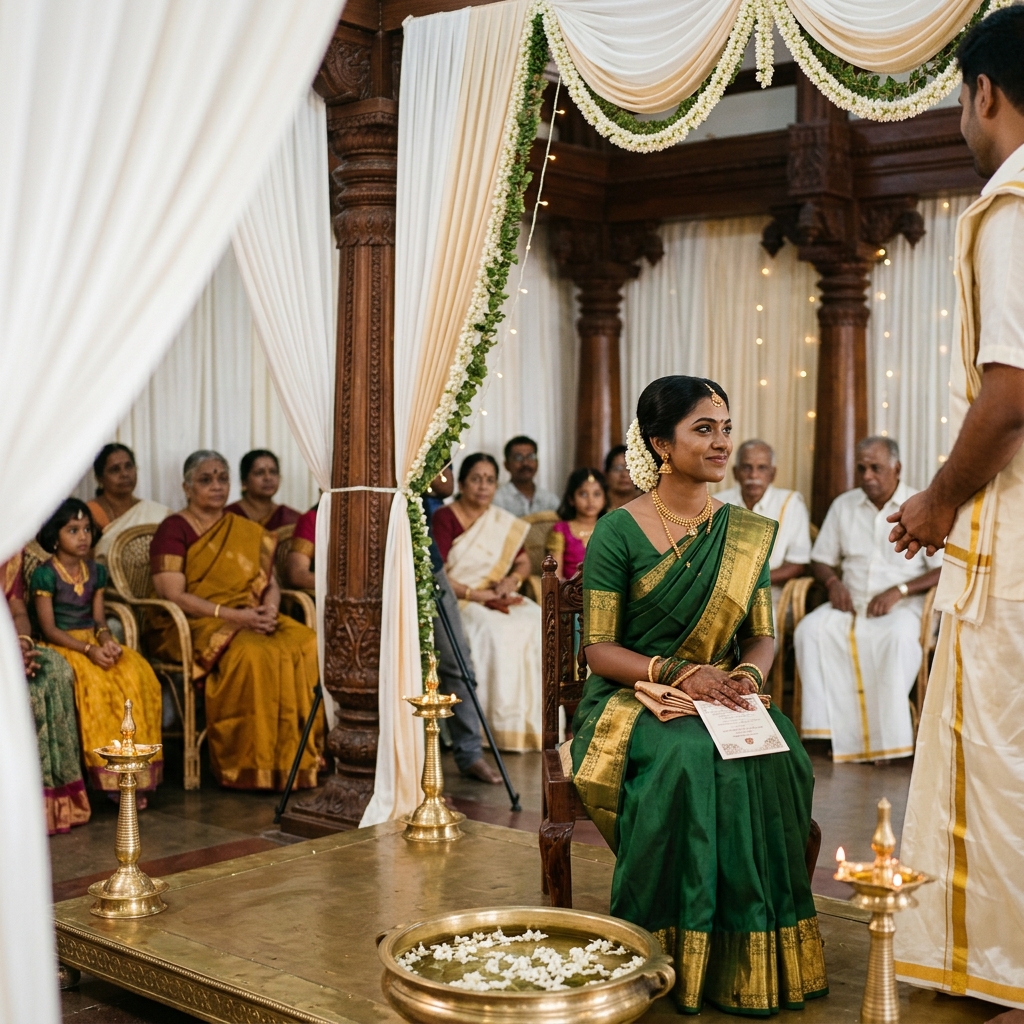 Tamil wedding ceremony with bride in green Kanjivaram saree and oil lamp