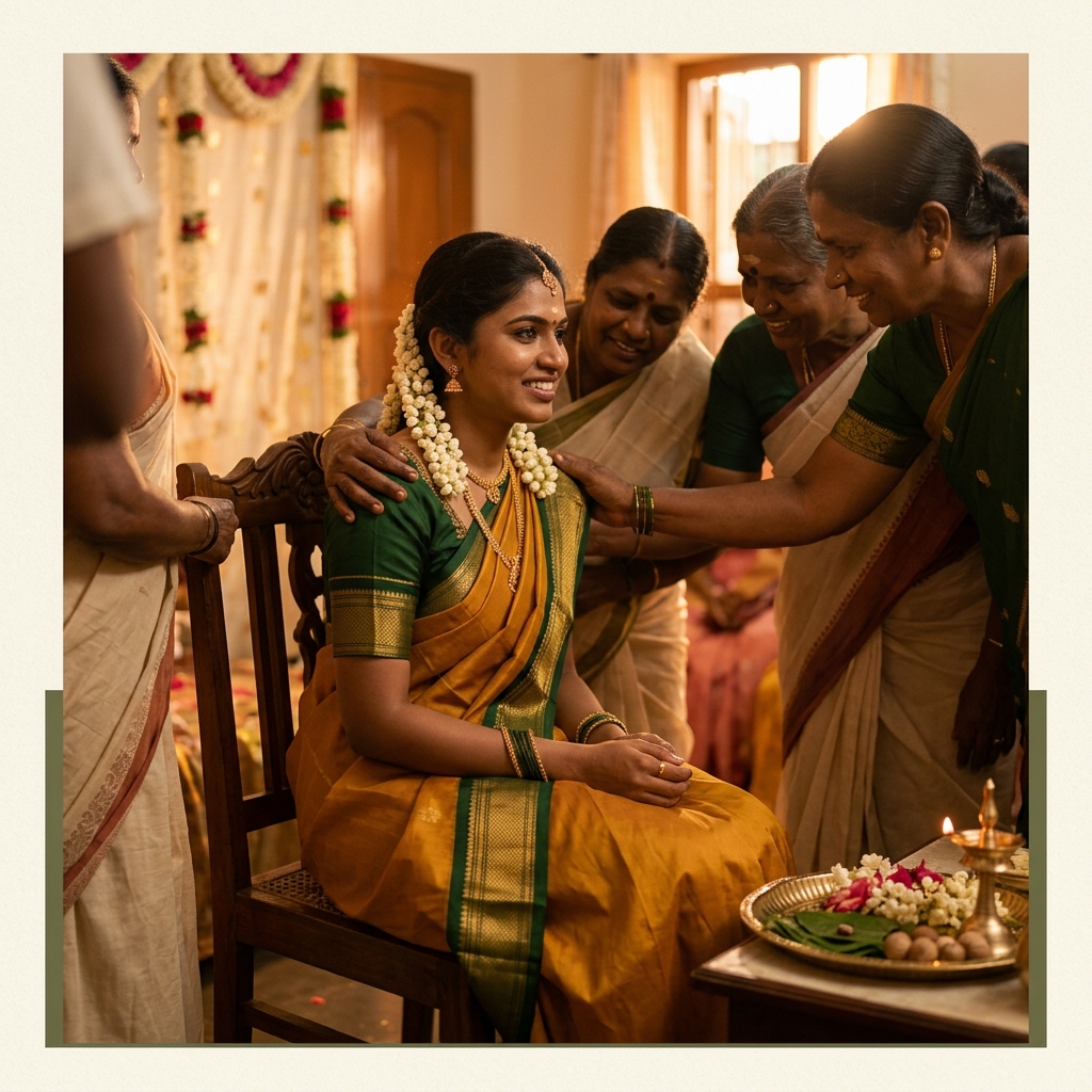Tamil engagement ceremony with young woman in mustard half-saree