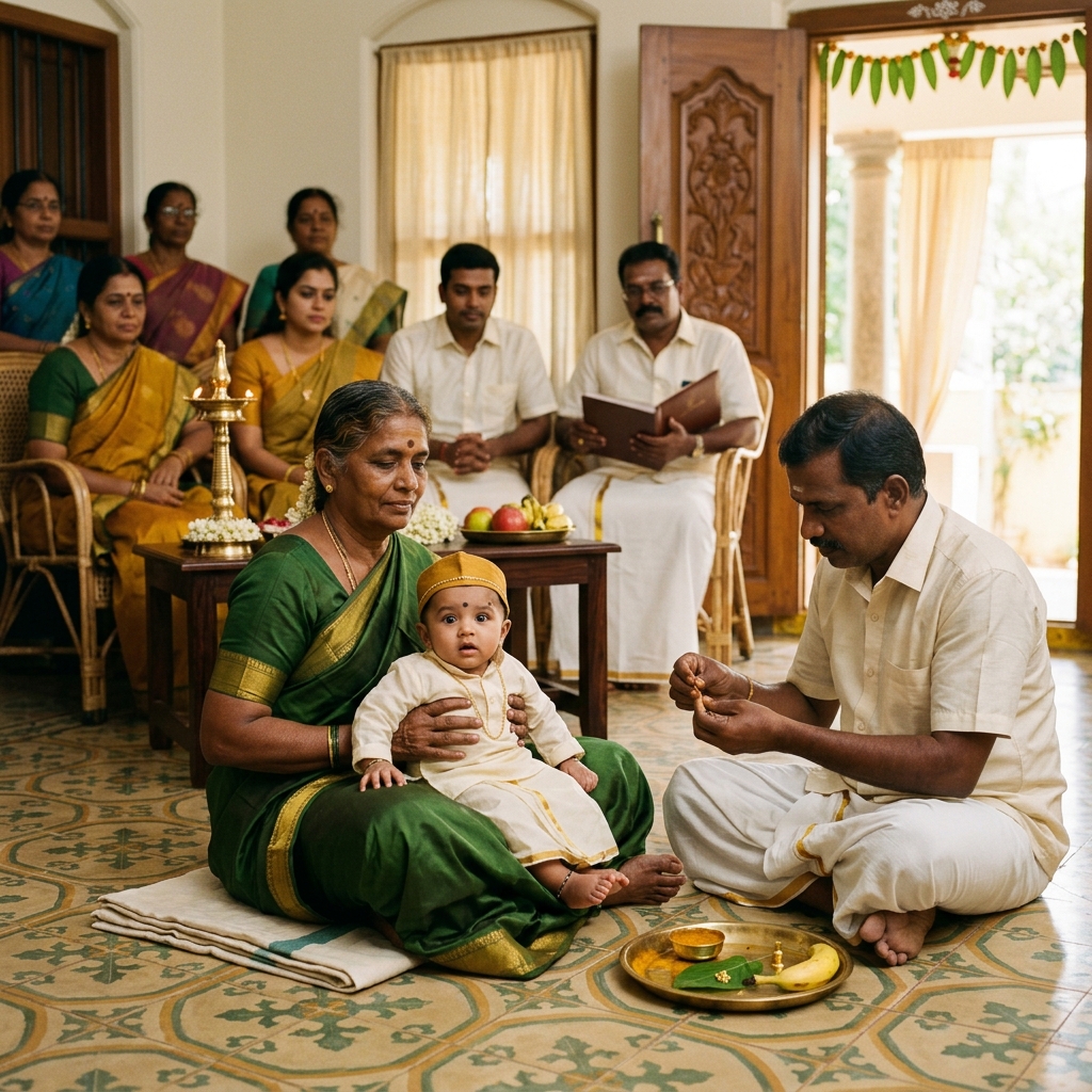 Tamil ear-piercing ceremony with toddler on grandmother's lap