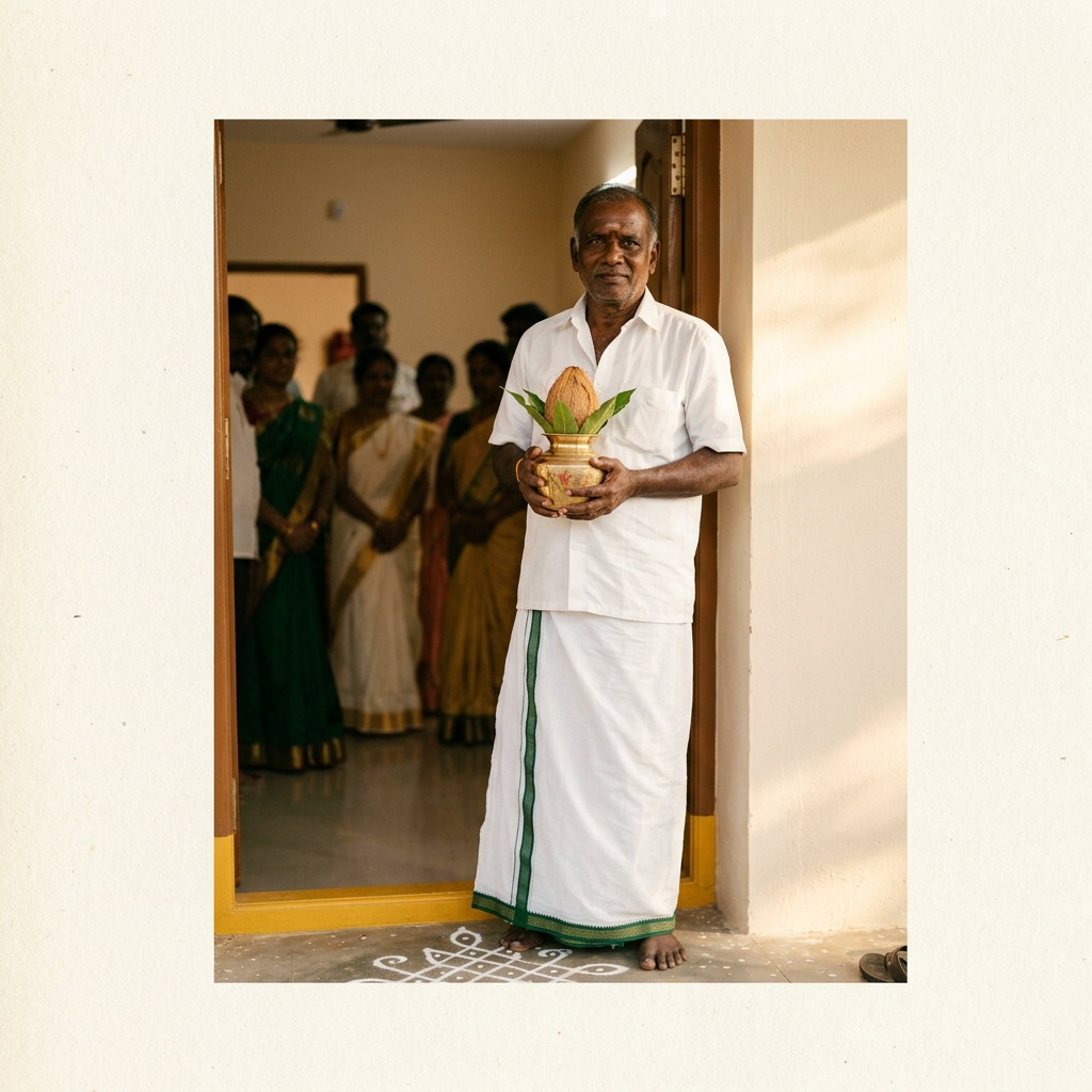 Tamil home blessing ceremony at house threshold with brass pot