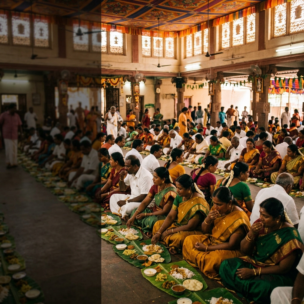Tamil wedding feast at a Madurai kalyana mandapam